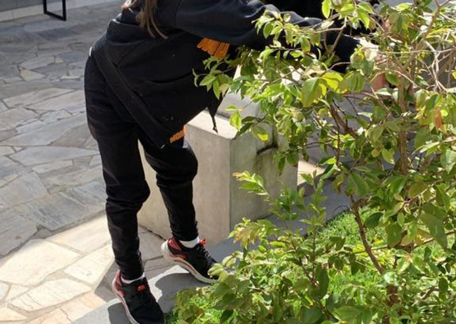 Aluna do Ensino Fundamental observando plantas no jardim da escola